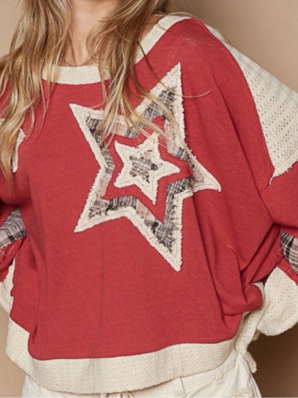 M POL Red and Cream Star Patchwork Crop Top